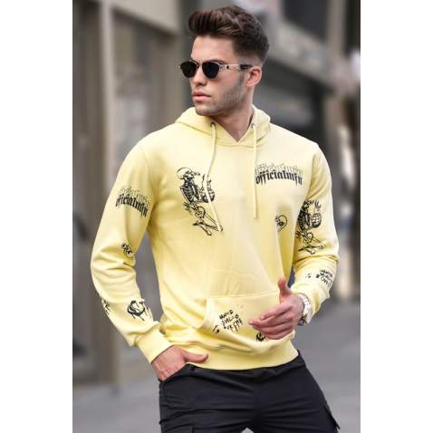 Yellow Printed Hoodie Sweatshirt 5895 - Sarı