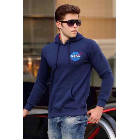 Madmext Navy Blue Printed Hoodie 4194 - Lacivert