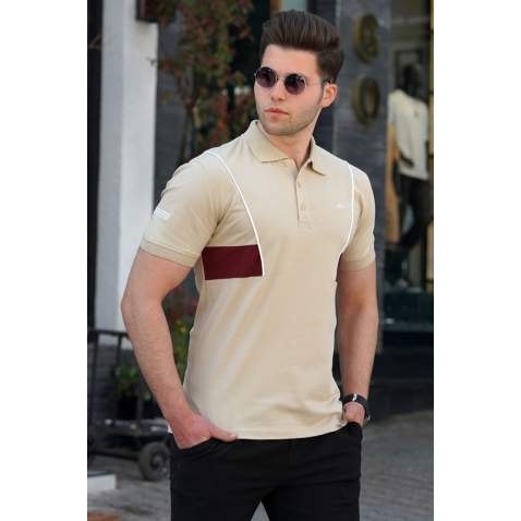 Madmext Men Striped Beige Polo T-shirt 5243 - Bej