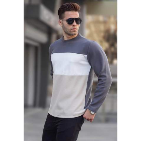 Smoke Gray Color Block Printed Sweatshirt 6015 - Füme