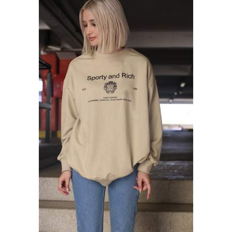 Bej Bisiklet Yaka Baskılı Oversize Kadın Sweatshirt MG1577 - Bej