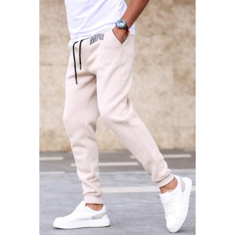 Madmext 3-Thread Fleece Beige Sweatpants For Men 5427 - Bej