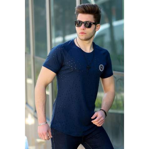 Madmext Men Ripped Navy Blue T-shirt T4002 - Lacivert