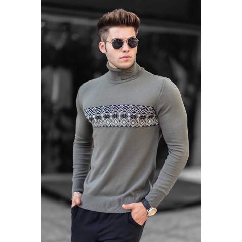 Madmext Khaki Patterned Turtleneck Jumper 4690 - Haki