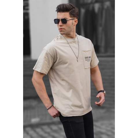 Men Printed Beige Oversize T-Shirt - Bej