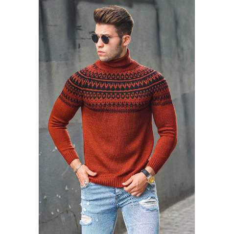 Madmext Tile Red Turtleneck Patterned Jumper 4732 - Kiremit