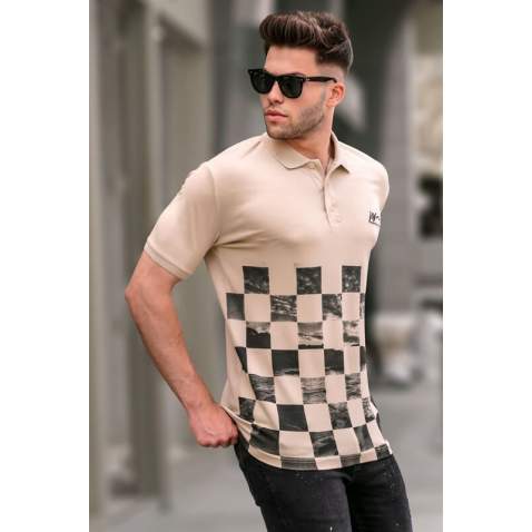 Beige Designed Polo T-Shirt 5871 - Bej