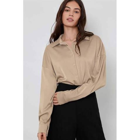 Mad Girls Beige Satin Shirt MG1099 - Bej