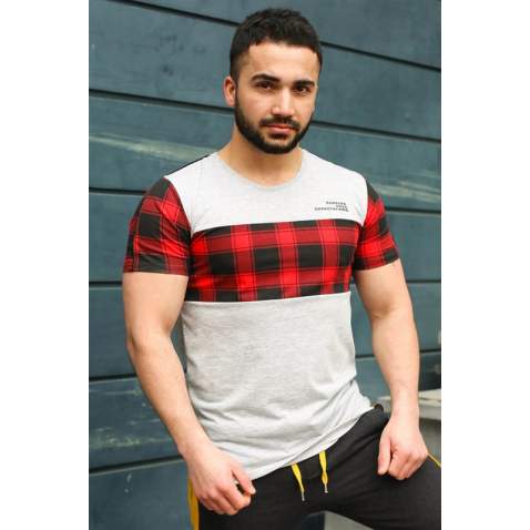 Madmext Grey Plaid T-shirt for Men 3004 - Beyaz