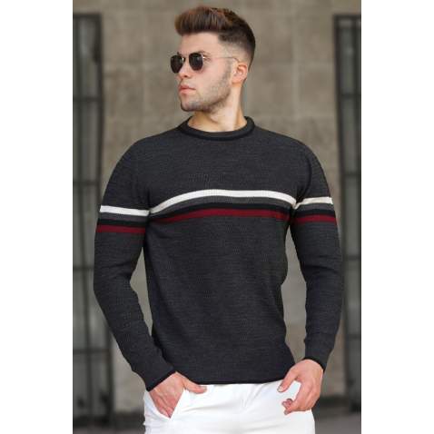 Madmext Men Striped Anthracite Sweater 5160 - Antrasit