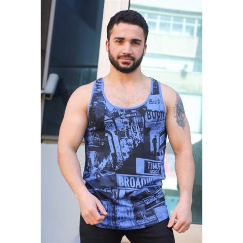 Madmext Blue Printed T-shirt for Men 3088 - Sax mavi