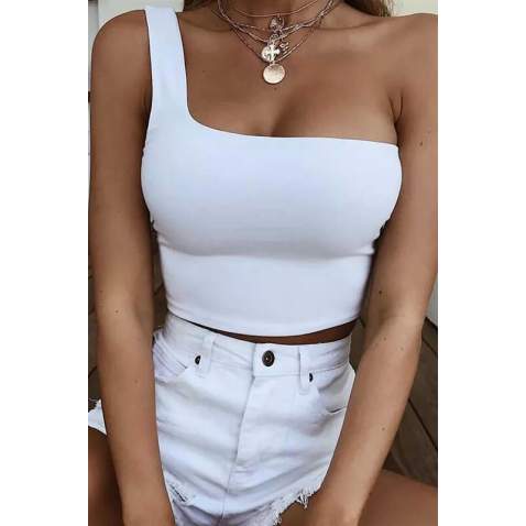 Mad Girls White One Shoulder Strappy Crop Top MG325 - Beyaz