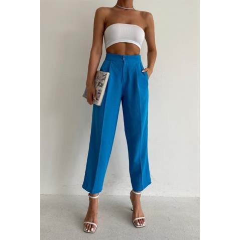 Blue High Waist Basic Trousers MG1554 - Mavi