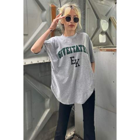 Women Printed Oversize Gray T-Shirt Mg1318 - Gri