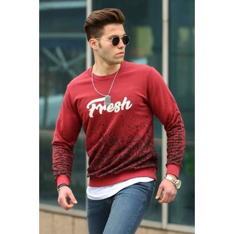 Baskılı Bisiklet Yaka Sweatshirt 2791 - Bordo