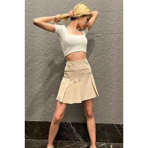 Women Striped Beige Pleated Mini Skirt MG1451 - Bej