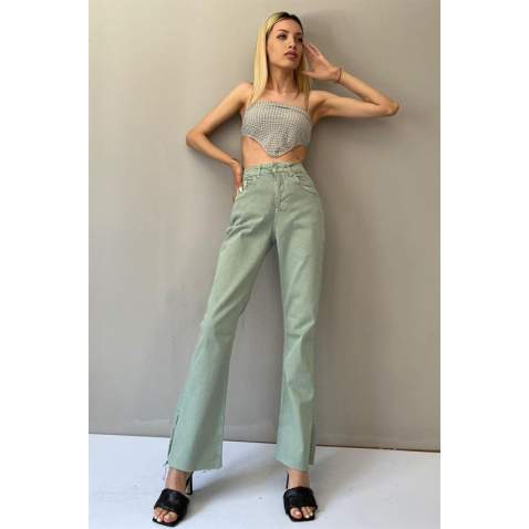 Women Almond Green Side Slit Cuff Jeans - Mint yeşili