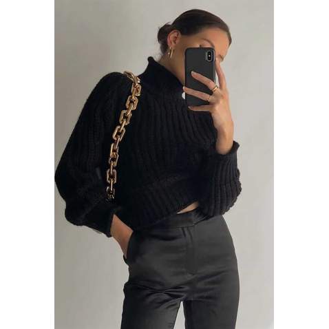 Mad Girls Black Turtleneck Women Jumper MG774 - Siyah