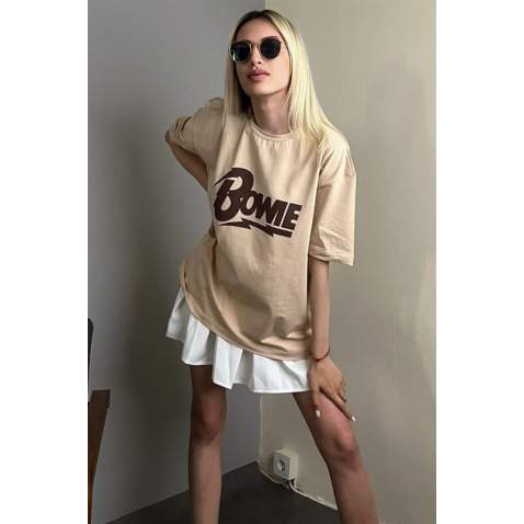 Women Printed Beige Over Fit T-Shirt MG1514 - Bej