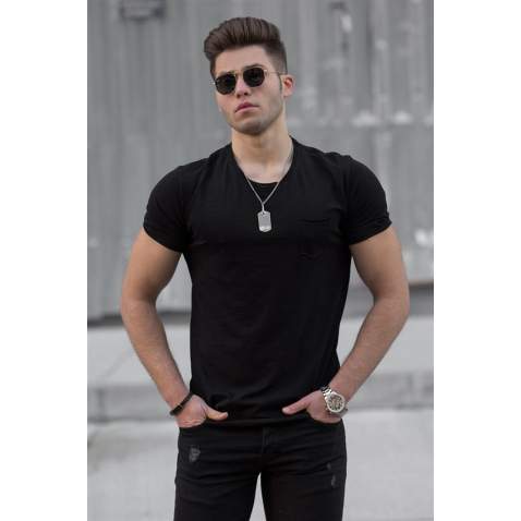 Madmext Men Front Pocket Black T-shirt 4493 - Siyah