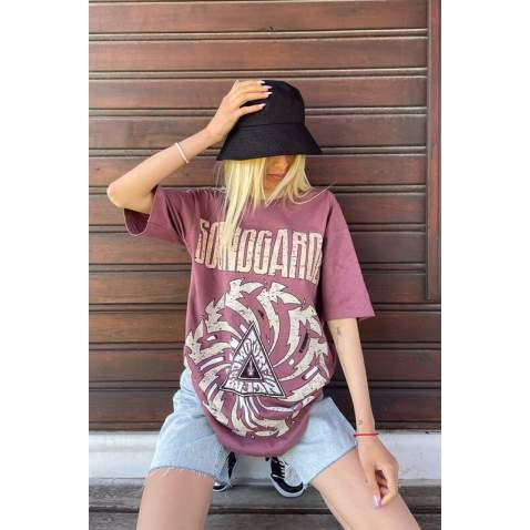 Women Printed Dusty Rose Over Fit T-Shirt MG1499 - Gül kurusu