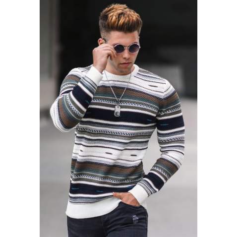 Madmext Men Color Striped White Sweater 5150 - Beyaz