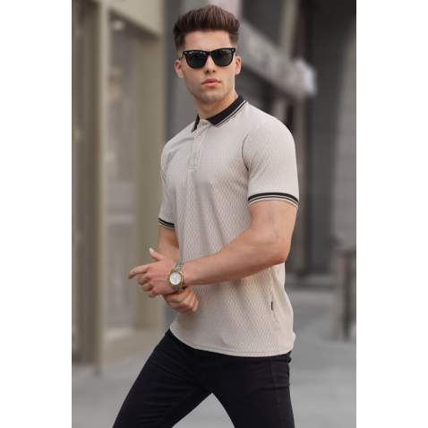 Men Basic Beige Polo T-Shirt 5893 - Bej