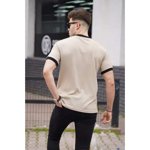 Men Beige Zip Neck T-Shirt - Bej