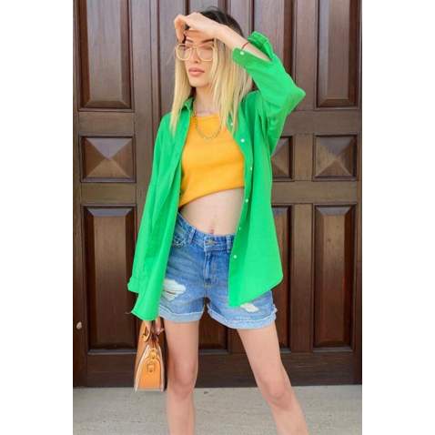 Mad Girls Oversize Green Shirt MG1369 - Yeşil