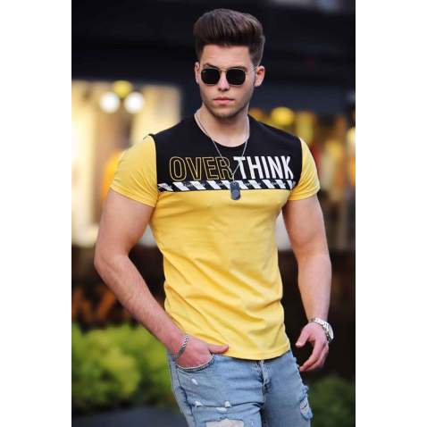 Madmext Yellow "Over Think" Printed T-shirt for Men 3080 - Sarı