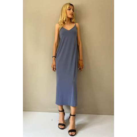 Indigo V Neck Chain Strap Long Dress MG1542 - İndigo