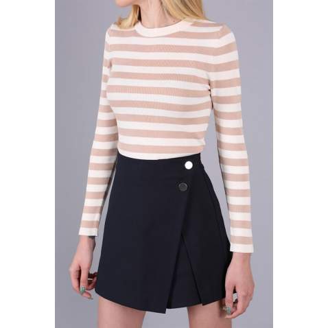 Women Crewneck Camel Striped Sweater - Camel