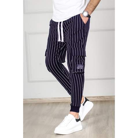 Madmext Navy Blue Pocket Detailed Striped Jogger Pants 4818 - Lacivert