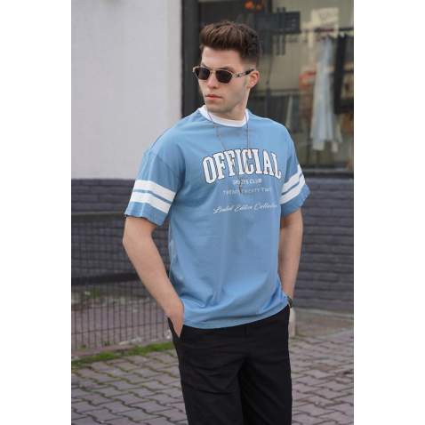 Men Printed Blue Oversize T-Shirt - Mavi