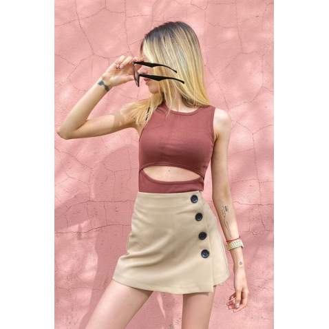 Women Black Side Button Mini Skirt - Camel