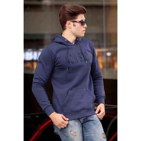 Madmext Navy Blue Printed Hoodie 4186 - Lacivert