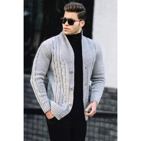 Madmext Men Knitted Gray Cardigan 9053 - Gri