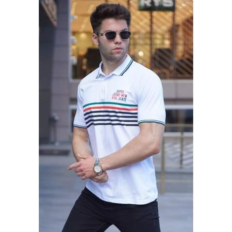 Striped White Polo T-Shirt 5869 - Beyaz