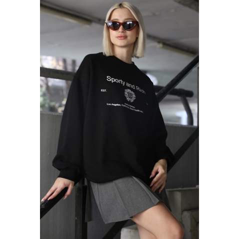 Siyah Bisiklet Yaka Baskılı Oversize Kadın Sweatshirt MG1577 - Siyah