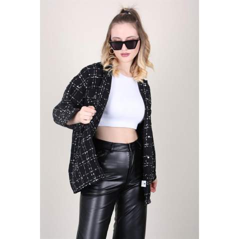 Mad Girls Black Long Plaid Jacket With Pockets MG1257 - Siyah