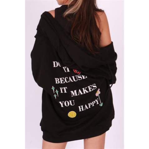 Mad Girls Printed Black Hoodie Sweatshirt MG1195 - Siyah