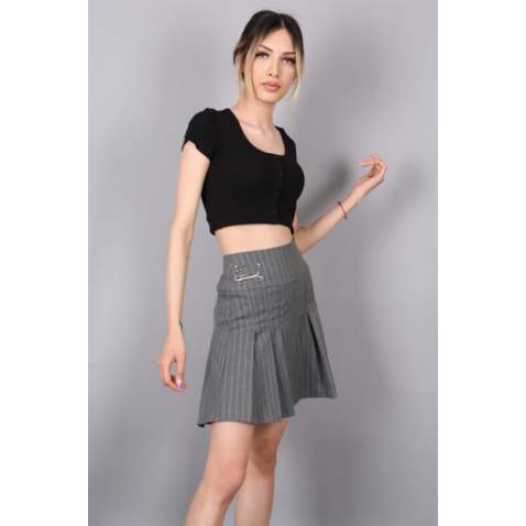 Women Striped Anthracite Pleated Mini Skirt MG1451 - Antrasit