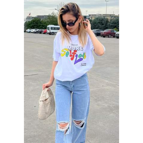 White Printed Oversize T-Shirt MG1522 - Beyaz