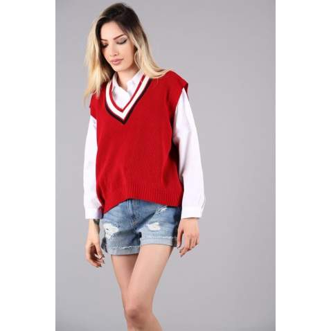 Women Striped Red Sweater - Kırmızı