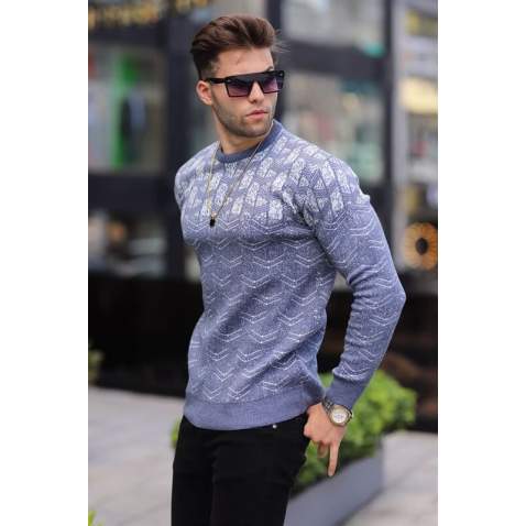 Royal Blue Designed Knitwear Sweater 5971 - Havacı mavi