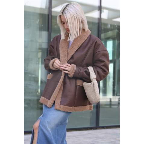 Mad Girls Camel Suede Leather Coat MG1329 - Kahverengi