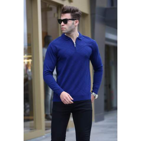 Cobalt Blue Knitwear Polo Sweater 5973 - Cobalt