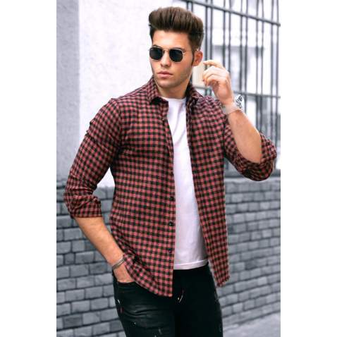 Madmext Men Plaid Tile Red Shirt 4703 - Kiremit