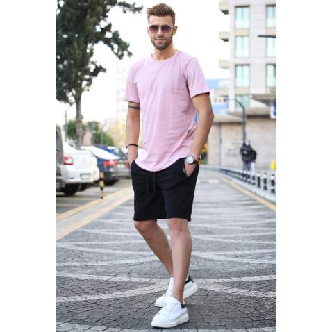 Madmext Men Soft Pink/Black T-shirt/Shorts Set 5655 - Pudra/siyah