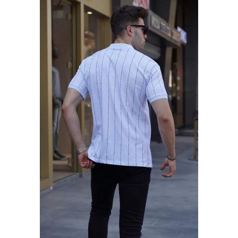 Men Striped White Polo T-Shirt 5879 - Beyaz